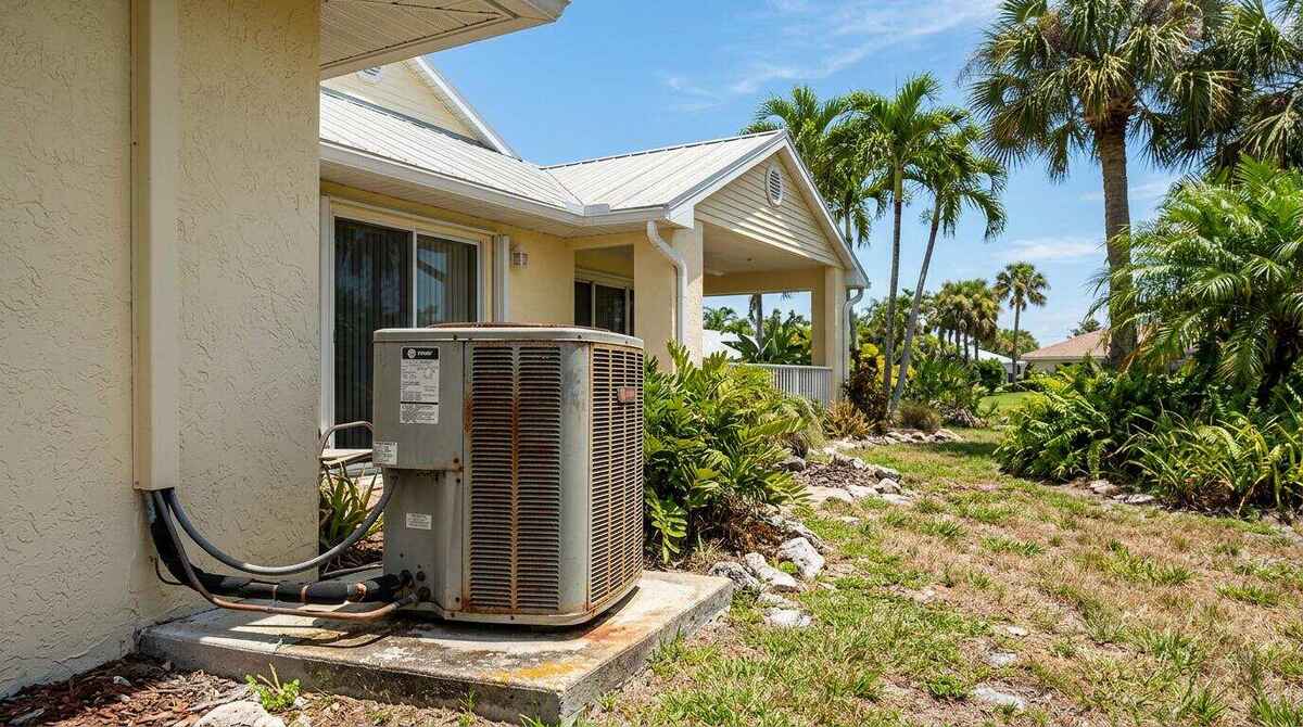 AC Unit Lifespan Florida AC system installed at Tampa Bay Florida home showing typical coastal installation environment and residential air conditioning unit