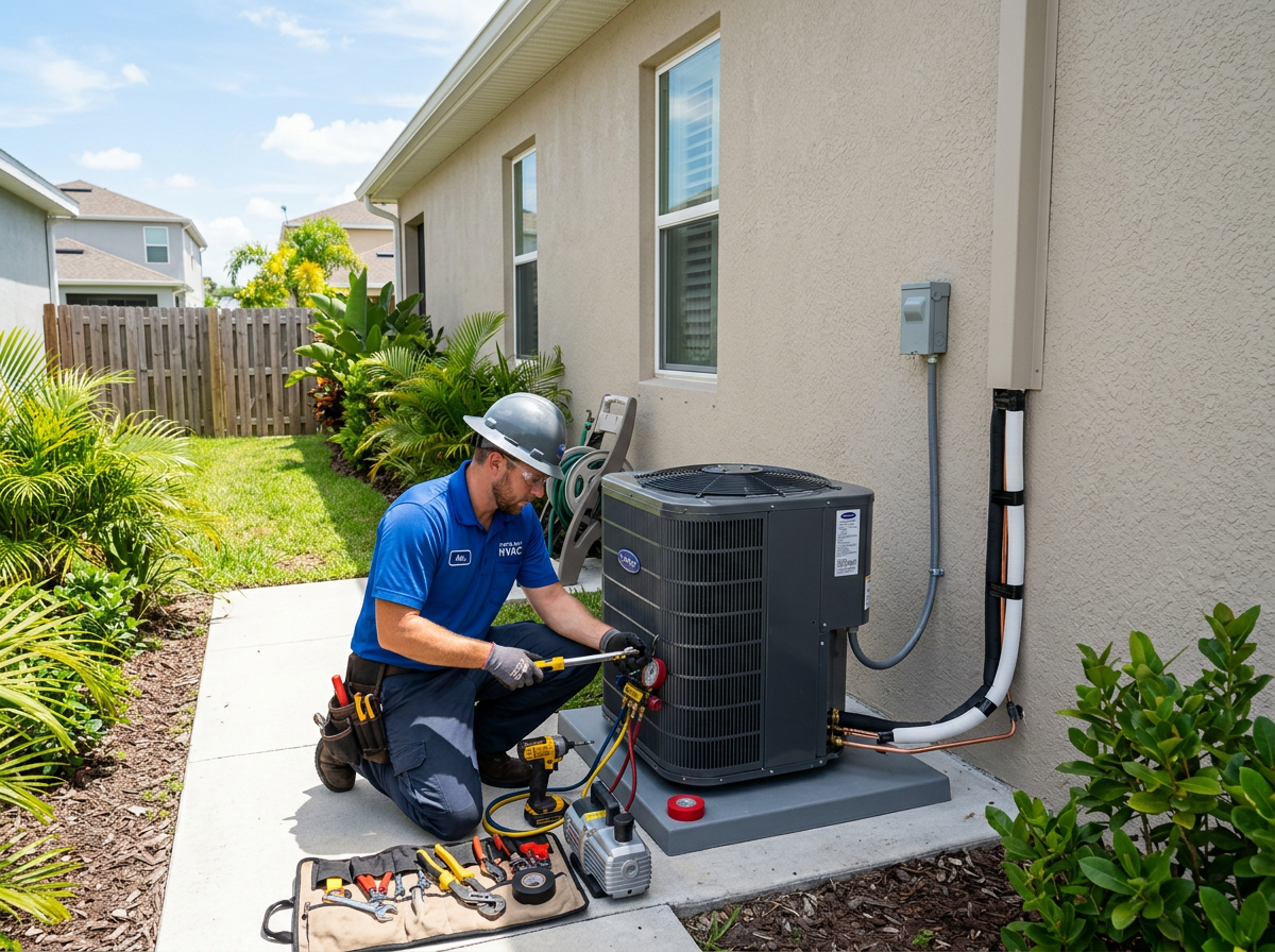 Tampa AC Installation Cost Guide 2026: What You'll Actually Pay 2 Professional AC installation process showing technician installing new air conditioner system in Tampa