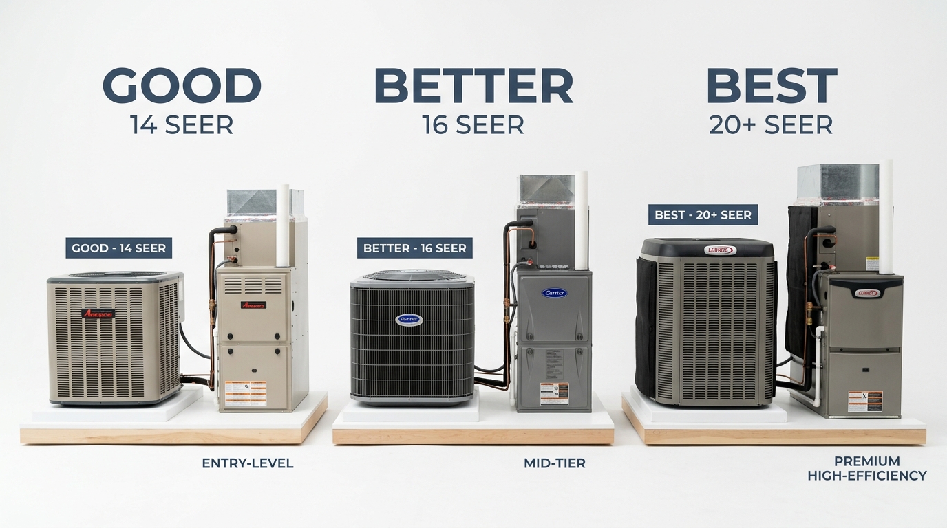 Tampa AC Installation Cost Guide 2026: What You'll Actually Pay 1 Comparison of good, better, and best AC system tiers showing entry-level, mid-tier, and premium air conditioning systems for Tampa homes