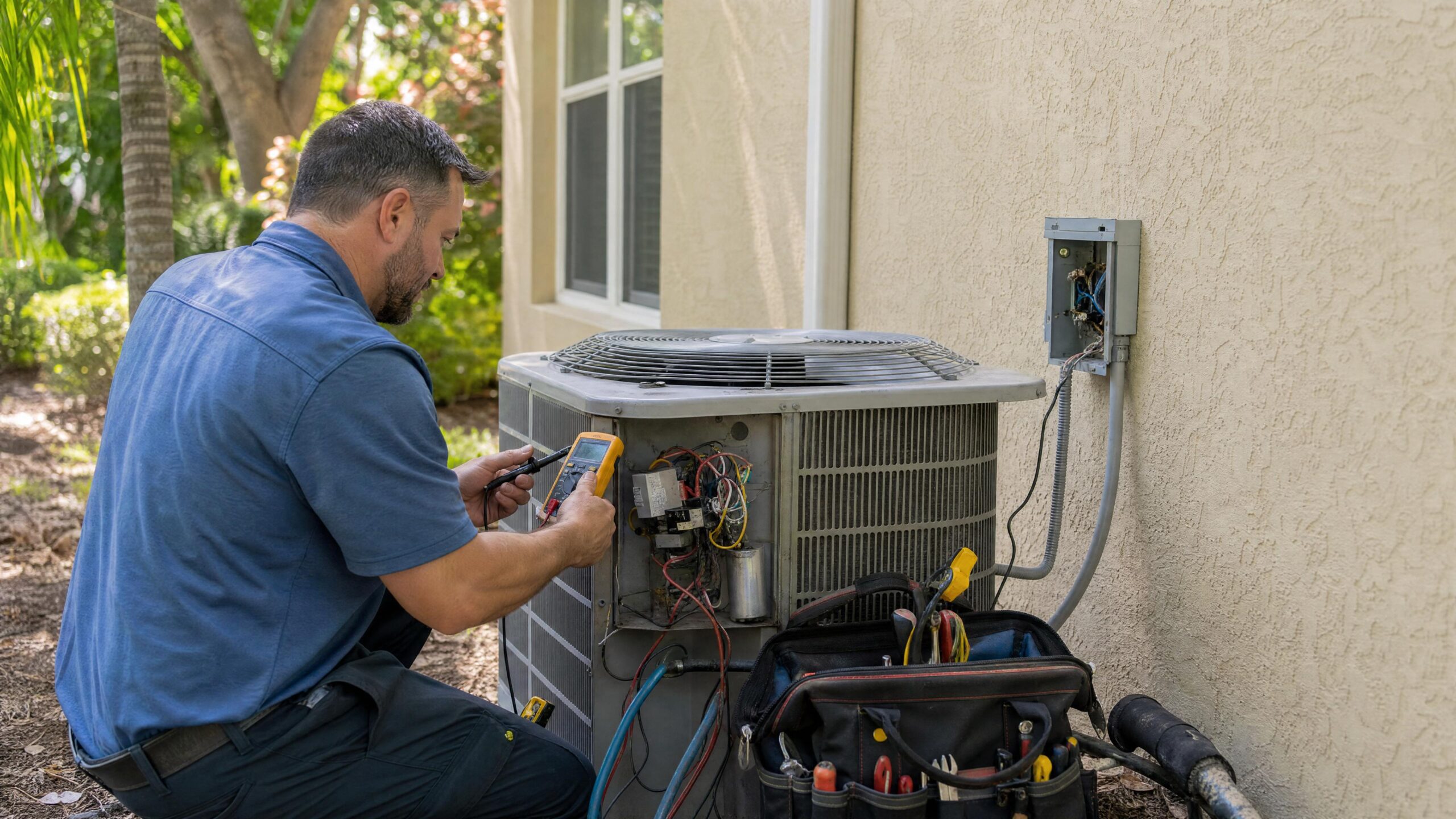 Repair vs Replace AC in Florida: The Complete Cost & Decision Guide 1 HVAC technician diagnosing an older outdoor AC unit beside a Florida home.