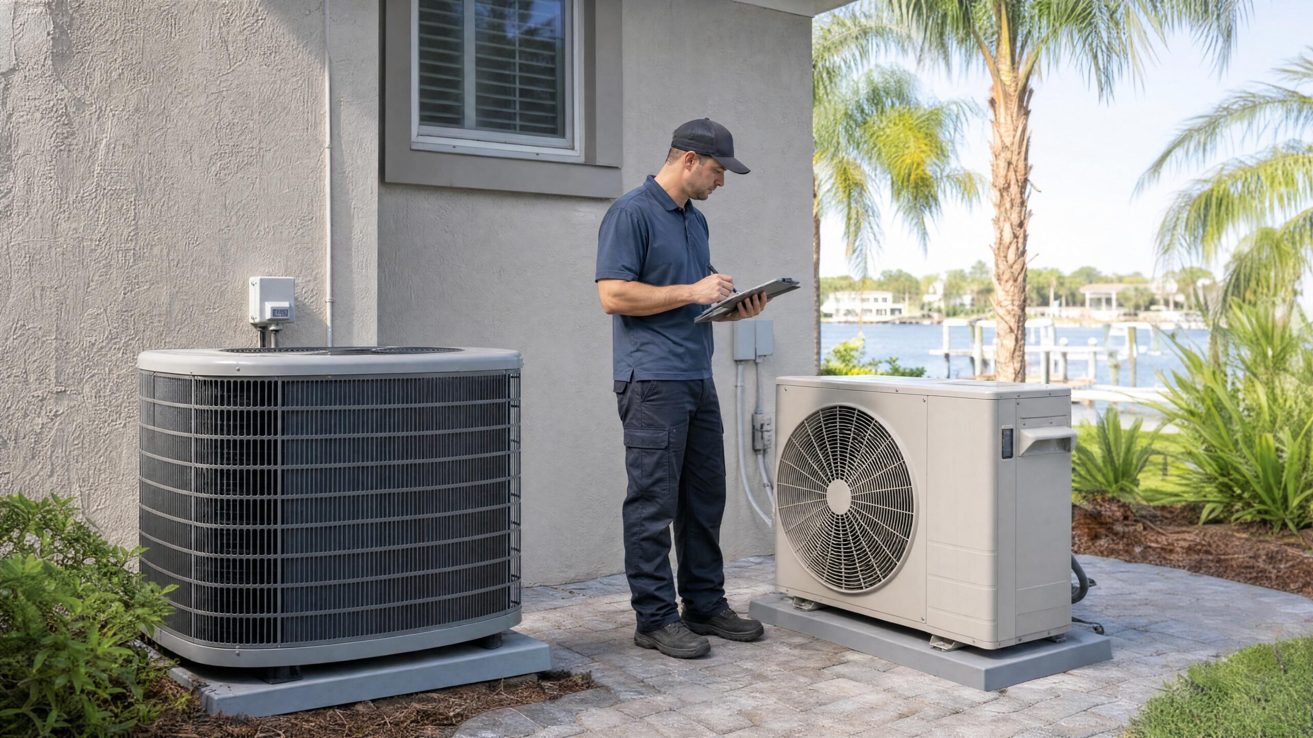 Central AC vs Heat Pump Comparison HVAC technician comparing central AC and heat pump options beside a Florida home.