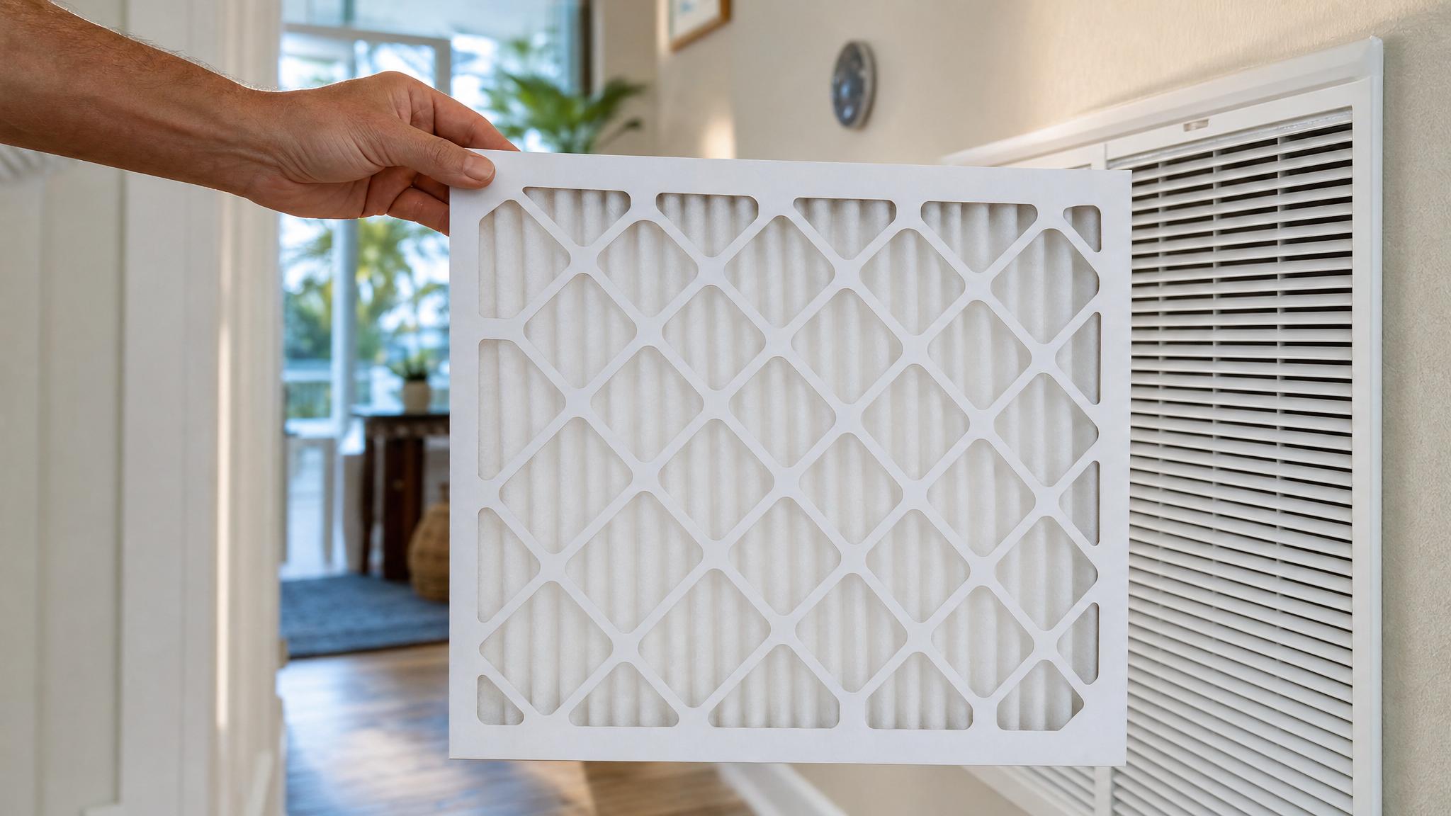 How Often to Change AC Filter in Florida | Filter Guide 1 Clean AC filter held up near a louvered return grille in a bright Florida hallway.