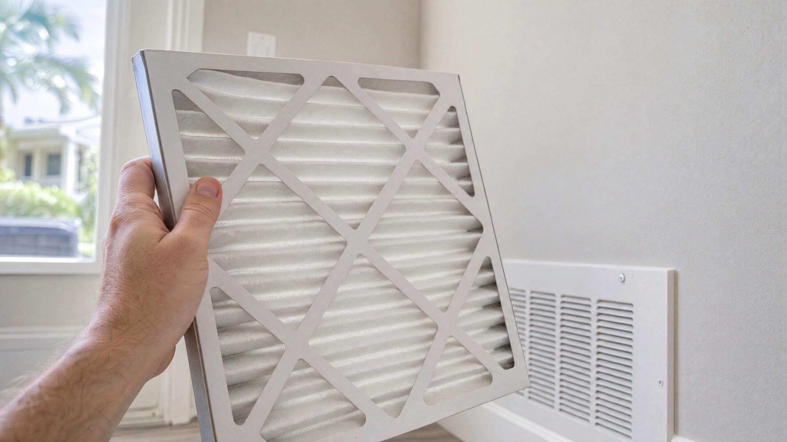 Clean Pleated AC Filter for Florida Homes Clean pleated AC filter held beside a return vent inside a bright Florida home.