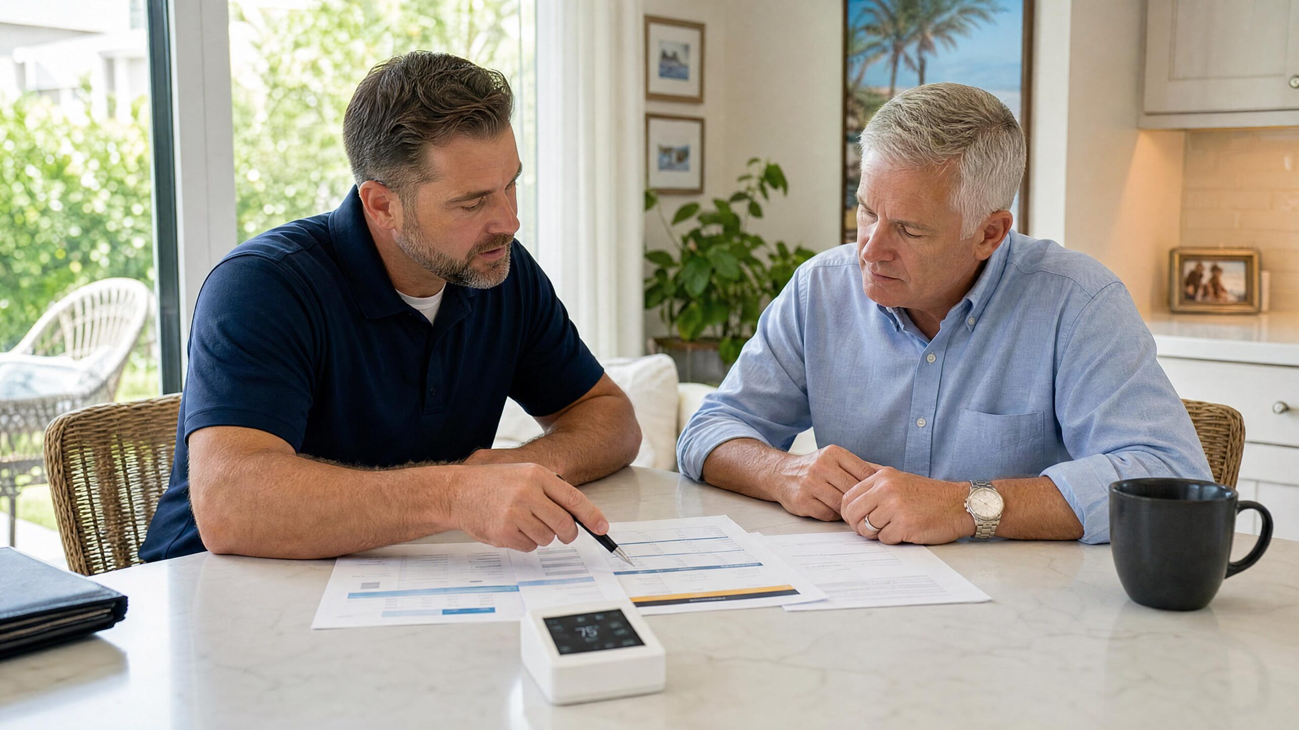 Central AC vs Heat Pump in Florida: Which System Is Right for Your Home? 2 Homeowner and HVAC technician discussing central AC and heat pump system options indoors.