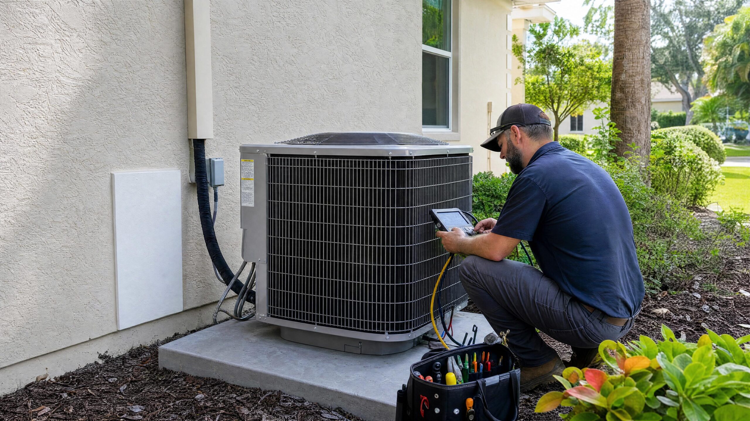 Repair vs Replace AC in Florida: The Complete Cost & Decision Guide 2 New high-efficiency outdoor AC condenser installed beside a Florida home.