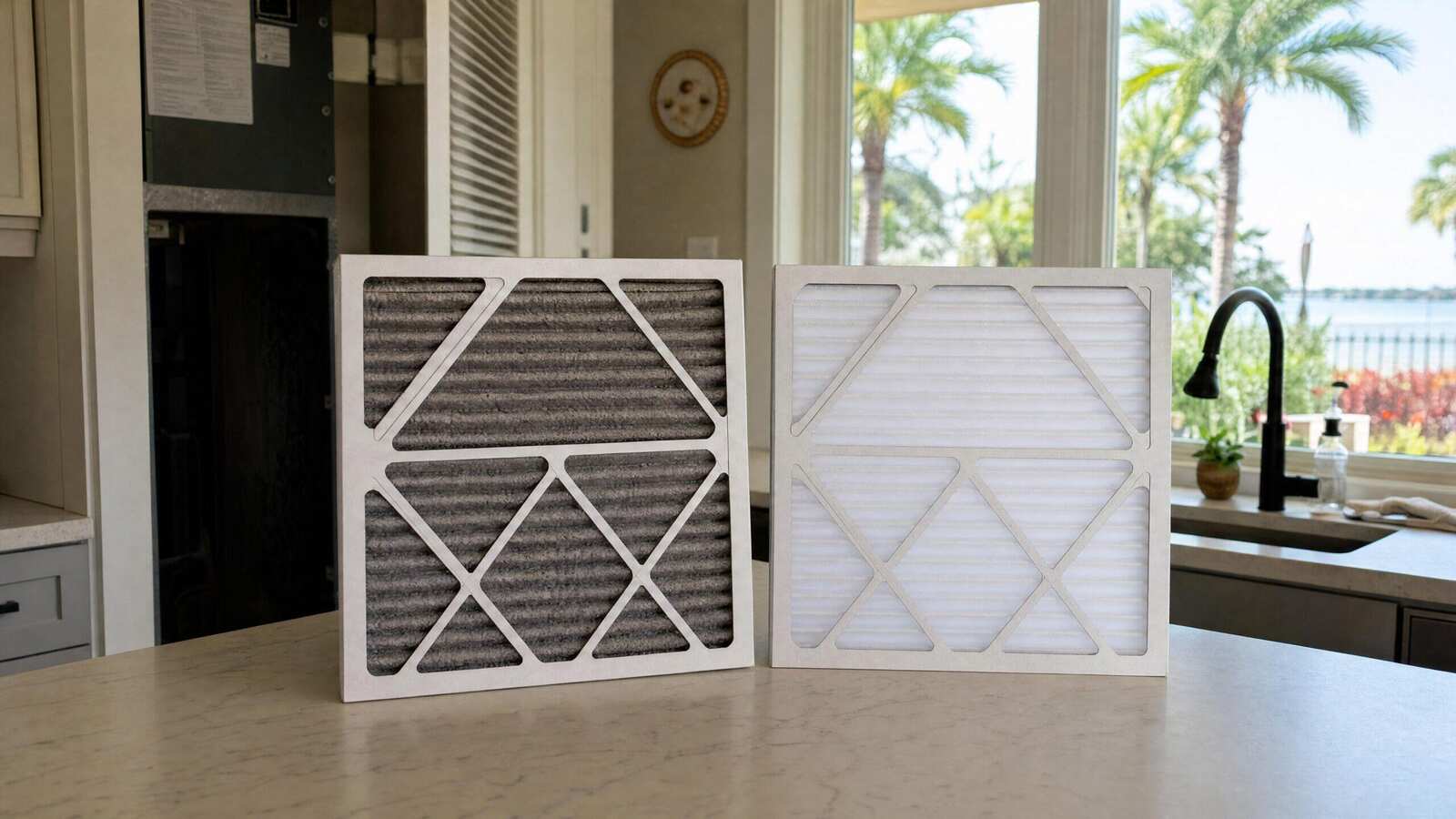 Lower Your AC Bill This Summer — Tampa Bay Energy Saving Tips 3 Dirty clogged AC air filter next to a fresh clean replacement filter in a Tampa Bay home.