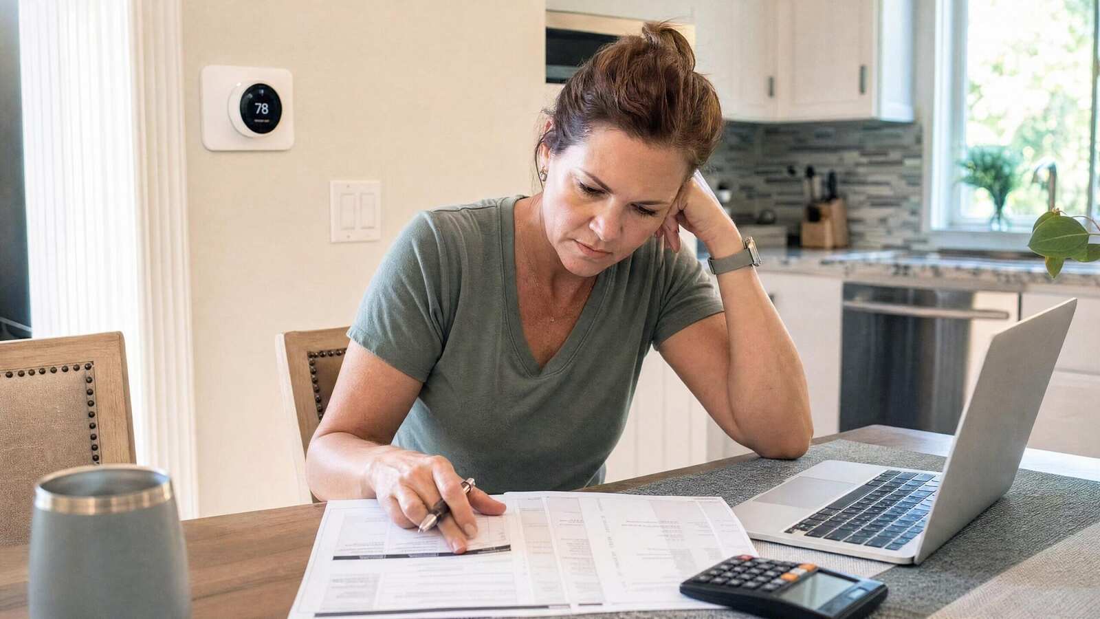 Lower Your AC Bill This Summer — Tampa Bay Energy Saving Tips 1 Tampa Bay homeowner reviewing summer AC energy costs at home with thermostat visible in background.