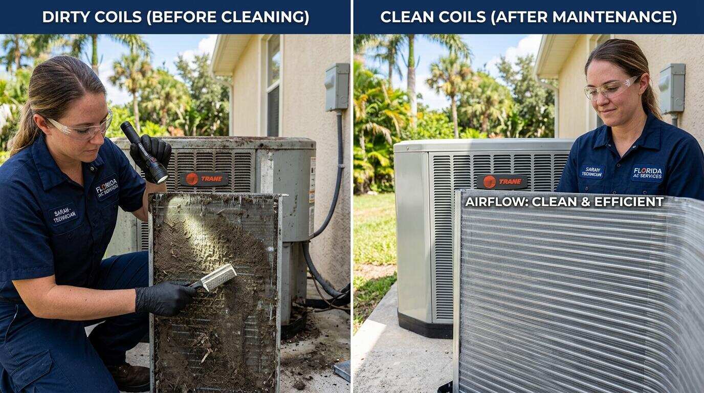 Lower Your AC Bill This Summer — Tampa Bay Energy Saving Tips 4 HVAC technician cleaning AC evaporator coils during a summer maintenance tune-up.
