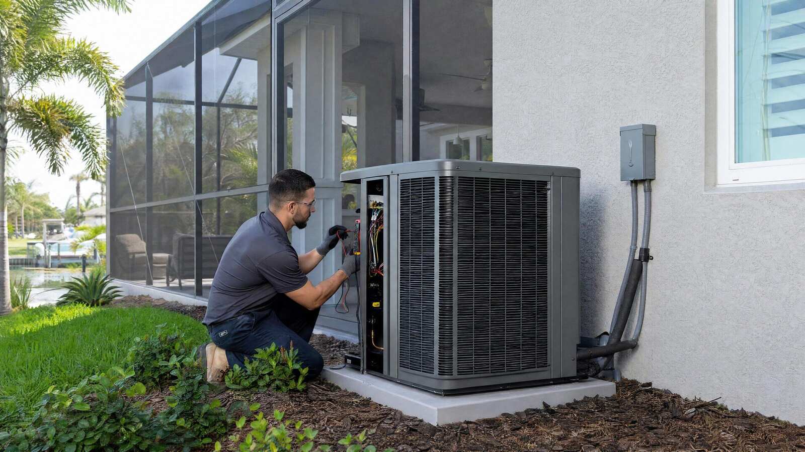 Lower Your AC Bill This Summer — Tampa Bay Energy Saving Tips 2 Outdoor AC condenser installed with clear airflow space beside a Tampa Bay home in summer.