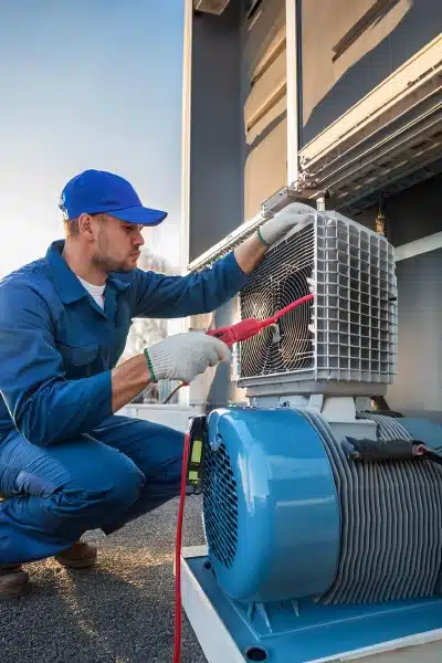a man in blue uniform working on a HVAC machine