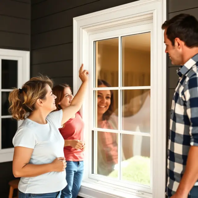 A family inspects energy-efficient windows in their home.